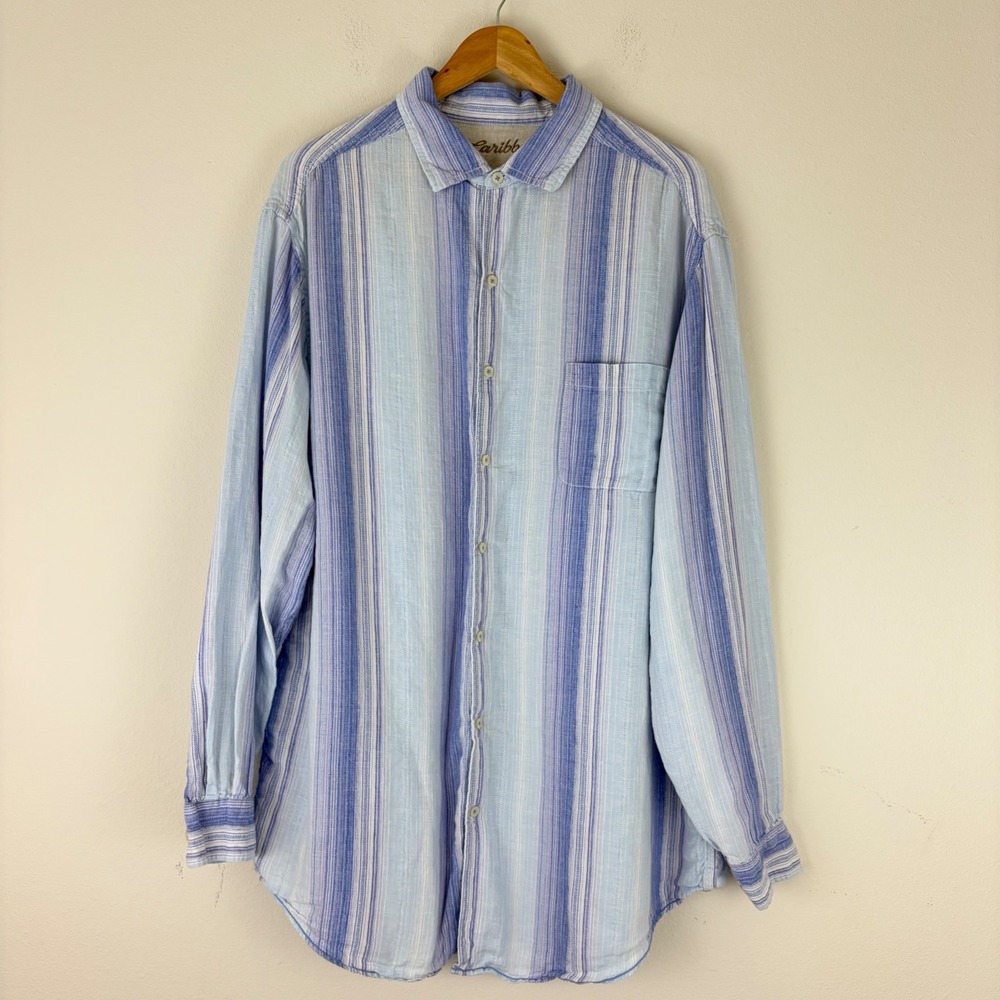 Caribbean‎ Mens XLT Blue Striped Linen Blend Long Sleeve Button Down Shirt Coast